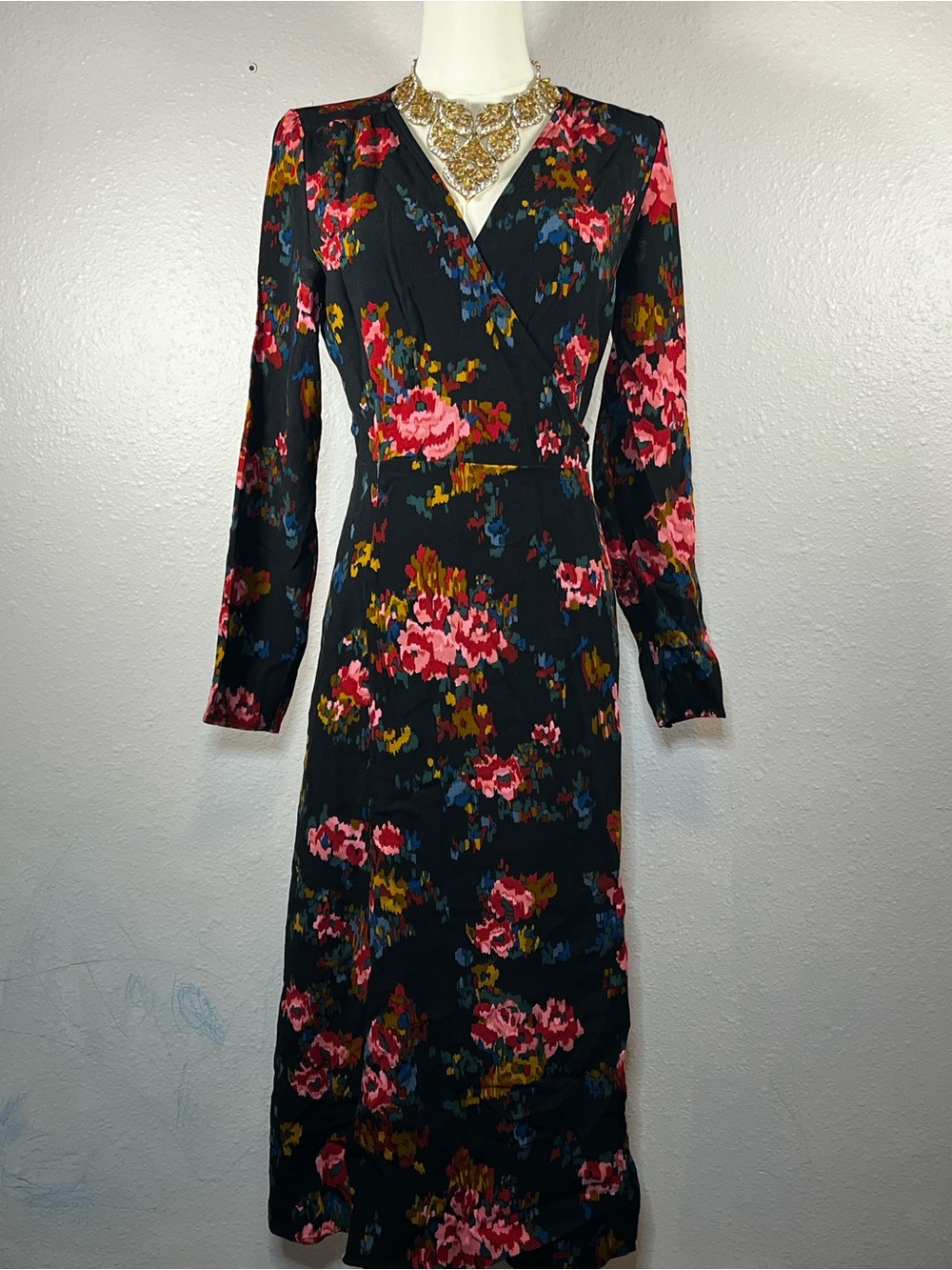 Sezane Black Long Sleeve Floral Wrap Dress with Pink Blooms